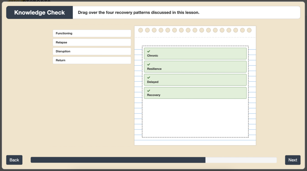 A drag-and-drop activity tests users on four types of recovery patterns.